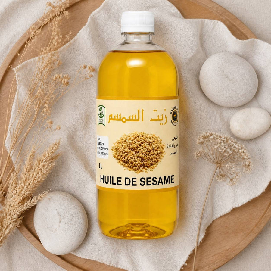 Huile de sésame 100% Naturel - 1L – composition flat lay avec éléments naturels, vue du dessus