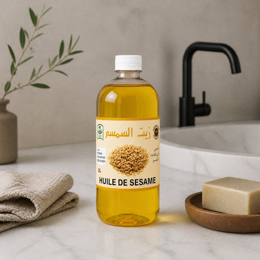 Huile de sésame 100% Naturel - 1L – présentation du produit dans une salle de bain lumineuse et naturelle