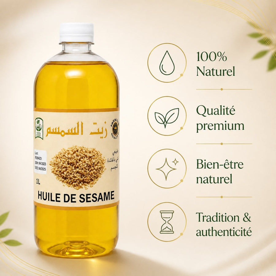 Huile de sésame 100% Naturel - 1L – infographie des bienfaits et des ingrédients clés