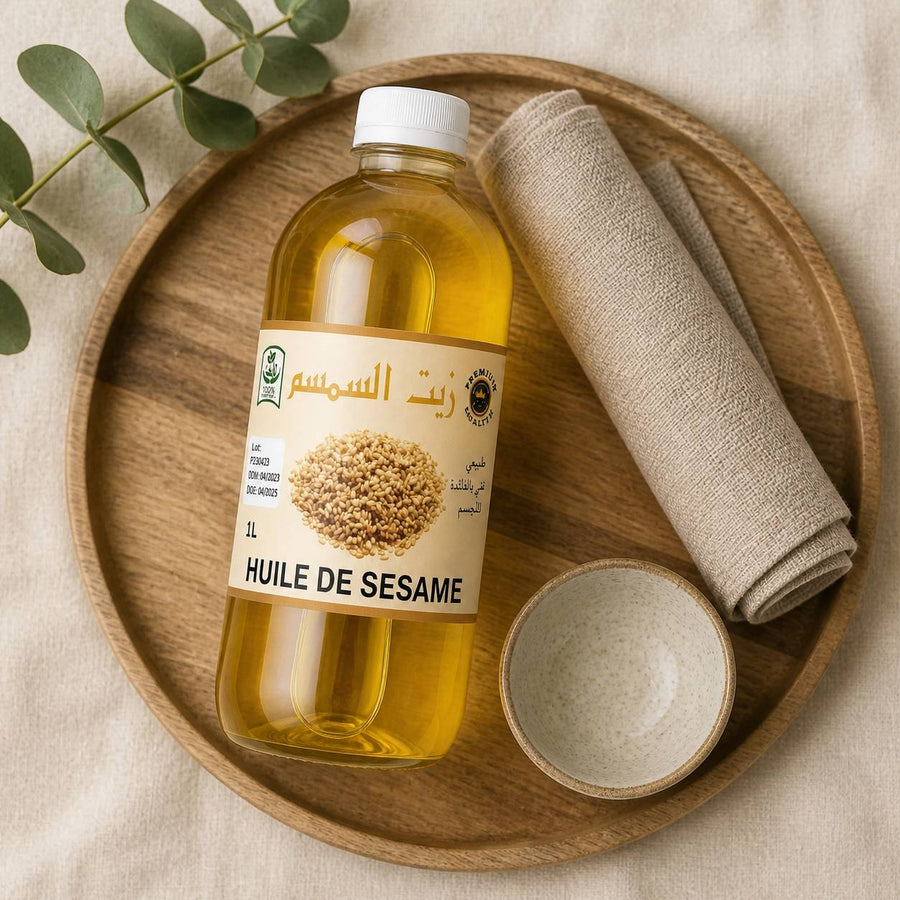 Huile de sésame 100% Naturel - 1L – rituel d'utilisation vu du dessus, ambiance naturelle zen