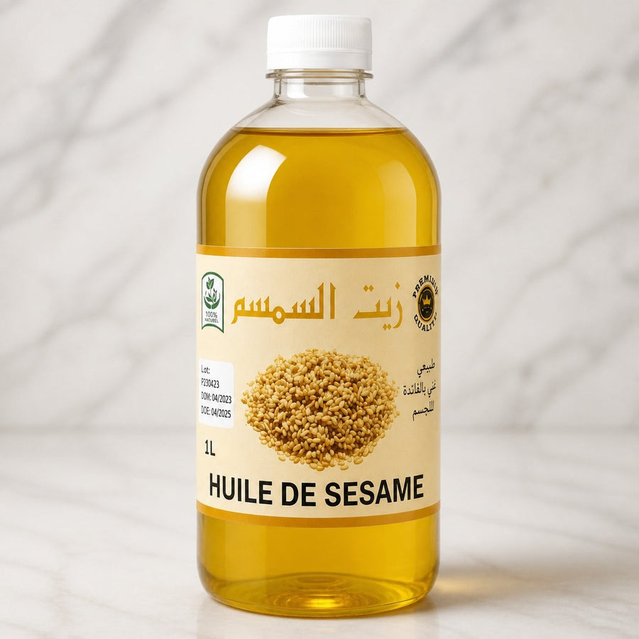 Huile de sésame 100% Naturel - 1L – gros plan sur les détails et la finition du packaging