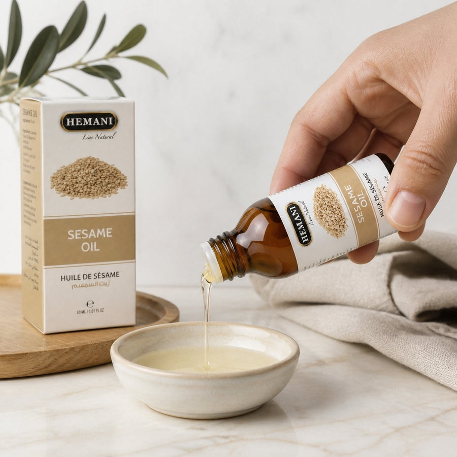 Huile de Sésame 30ml Naturelle Hemani – application en situation réelle, geste de soin quotidien