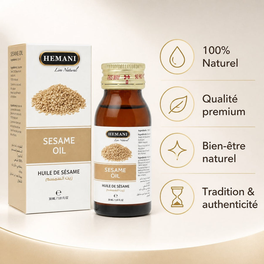 Huile de Sésame 30ml Naturelle Hemani – infographie des bienfaits et des ingrédients clés
