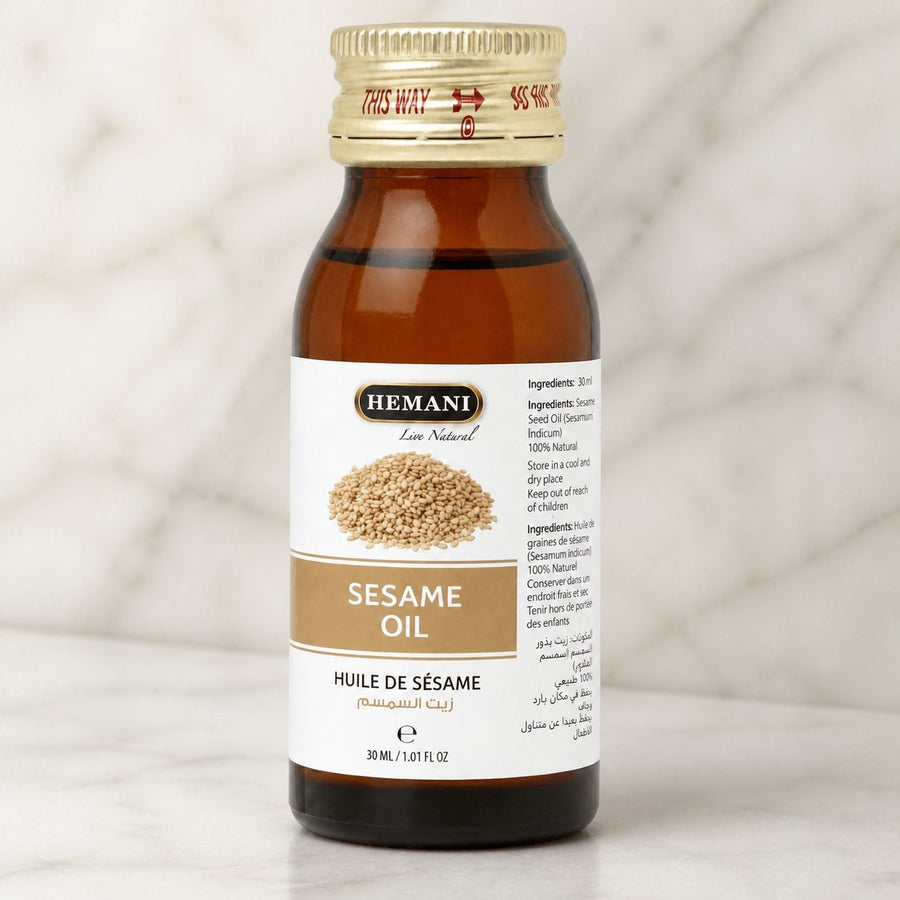 Huile de Sésame 30ml Naturelle Hemani – gros plan sur les détails et la finition du packaging