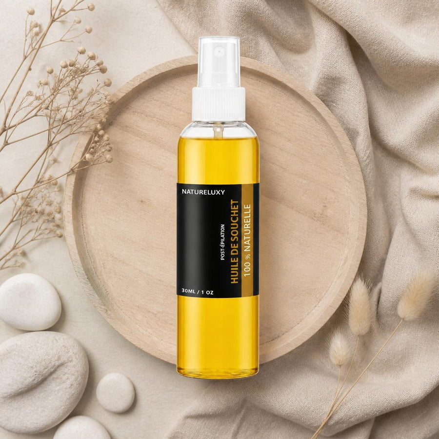 Huile de Souchet 100mL Spray 100% Naturelle – composition flat lay avec éléments naturels, vue du dessus
