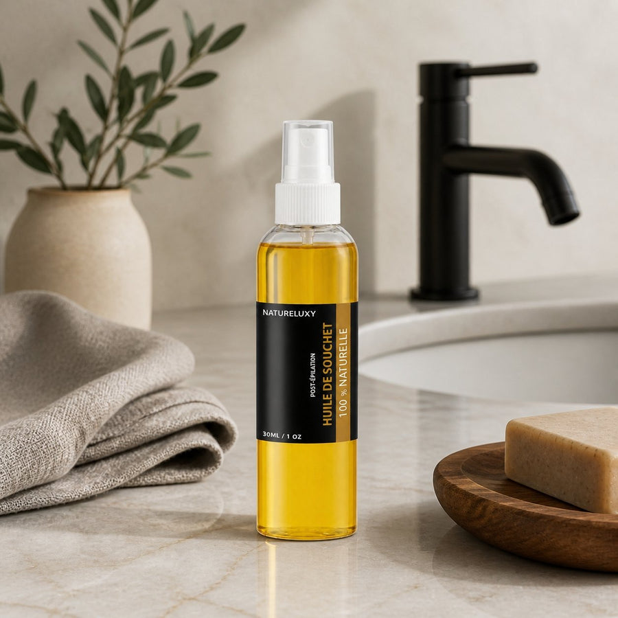 Huile de Souchet 100mL Spray 100% Naturelle – présentation du produit dans une salle de bain lumineuse et naturelle