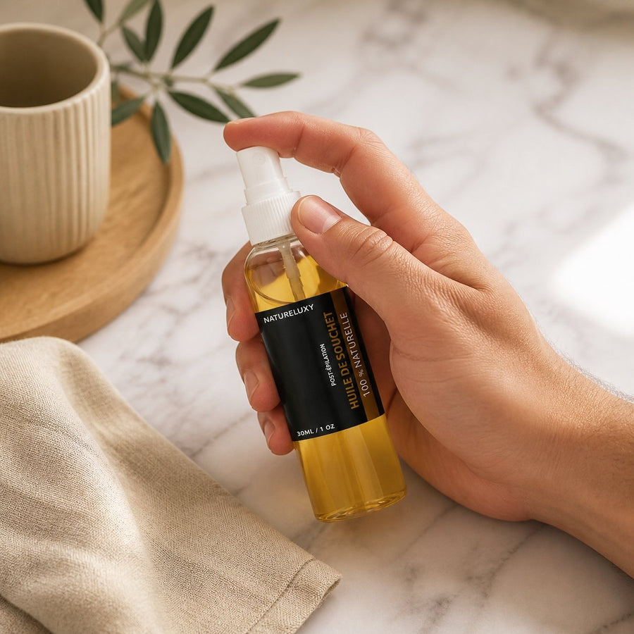 Huile de Souchet 100mL Spray 100% Naturelle – application en situation réelle, geste de soin quotidien