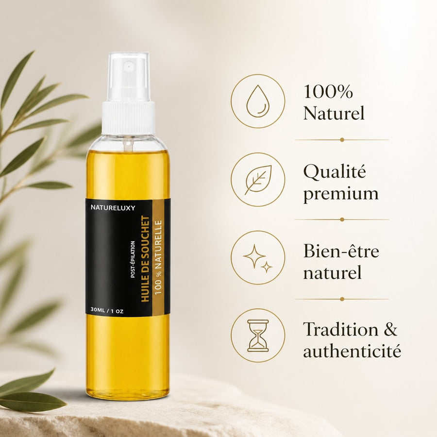 Huile de Souchet 100mL Spray 100% Naturelle – infographie des bienfaits et des ingrédients clés