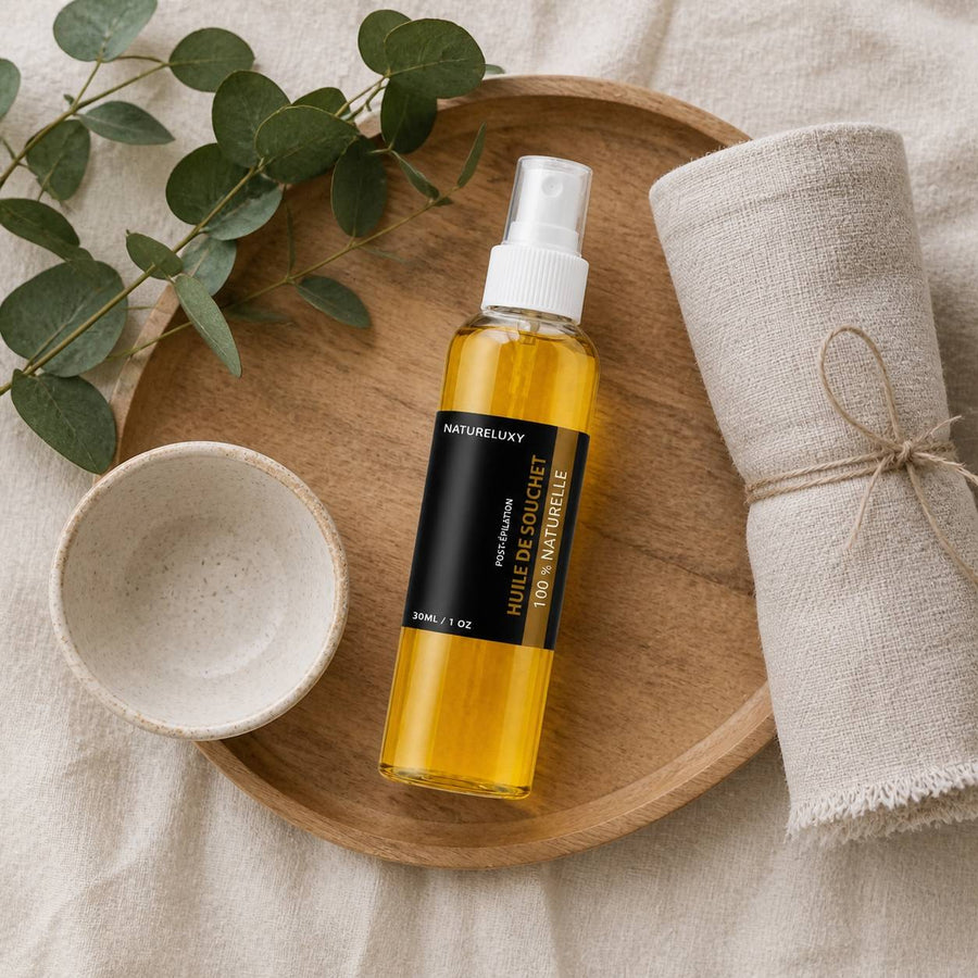 Huile de Souchet 100mL Spray 100% Naturelle – rituel d'utilisation vu du dessus, ambiance naturelle zen