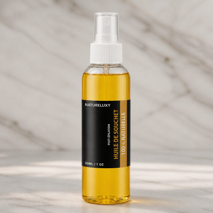 Huile de Souchet 100mL Spray 100% Naturelle – gros plan sur les détails et la finition du packaging