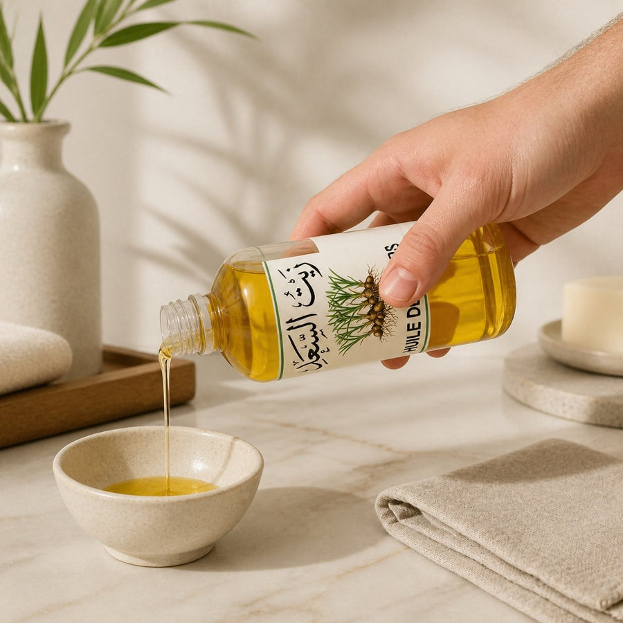 1L Huile de Souchet - 100% Naturelle - Macérat Corps & Cheveux – application en situation réelle, geste de soin quotidien