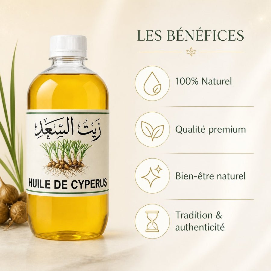 1L Huile de Souchet - 100% Naturelle - Macérat Corps & Cheveux – infographie des bienfaits et des ingrédients clés