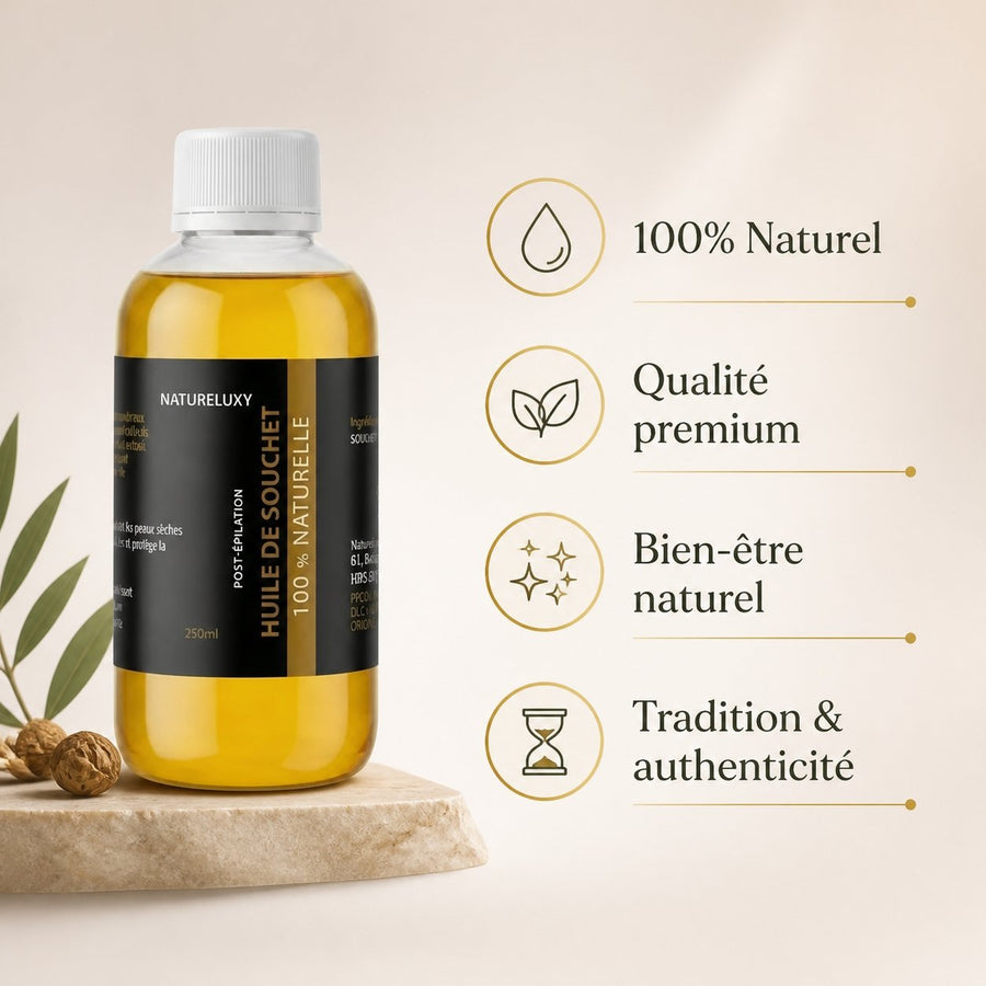 Huile de souchet 250 mL | 100 % naturelle – infographie des bienfaits et des ingrédients clés