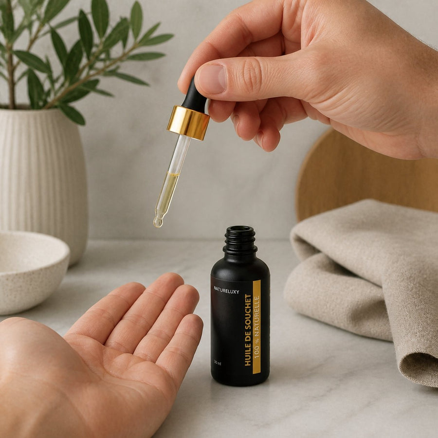 Huile de Souchet 30mL pipette 100% naturelle – application en situation réelle, geste de soin quotidien