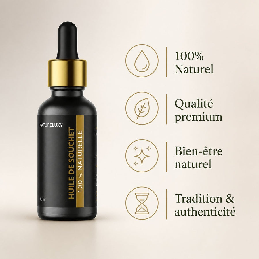 Huile de Souchet 30mL pipette 100% naturelle – infographie des bienfaits et des ingrédients clés