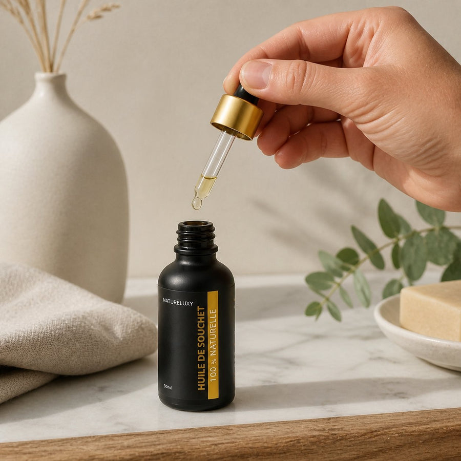 Huile de Souchet 30mL pipette + Huile de Souchet 30mL Spray 100% naturelle – application en situation réelle, geste de soin quotidien