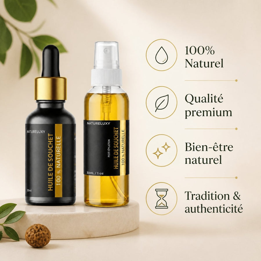 Huile de Souchet 30mL pipette + Huile de Souchet 30mL Spray 100% naturelle – infographie des bienfaits et des ingrédients clés
