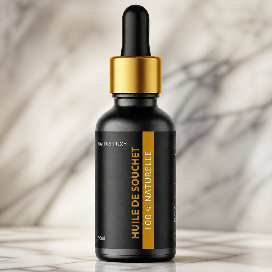 Huile de Souchet 30mL pipette + Huile de Souchet 30mL Spray 100% naturelle – gros plan sur les détails et la finition du packaging