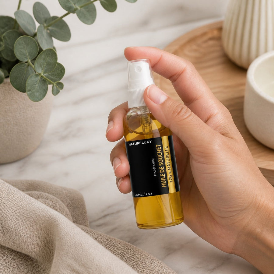 Huile de Souchet 30mL spray 100% Naturel – application en situation réelle, geste de soin quotidien