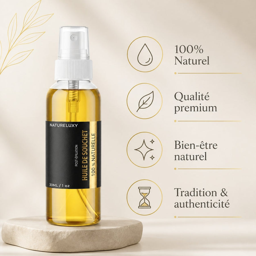 Huile de Souchet 30mL spray 100% Naturel – infographie des bienfaits et des ingrédients clés