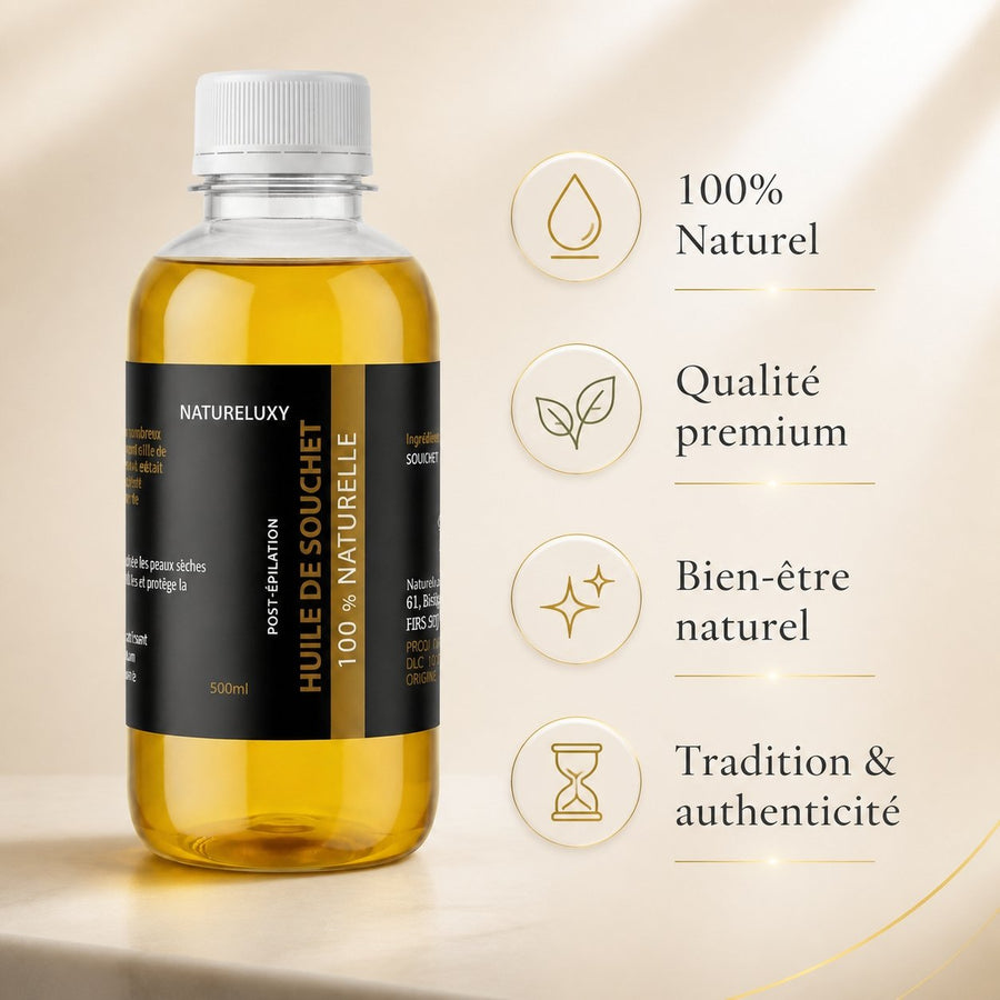 Huile de Souchet 500 mL 100% Naturelle – Macérat – Soin peau & cheveux – infographie des bienfaits et des ingrédients clés