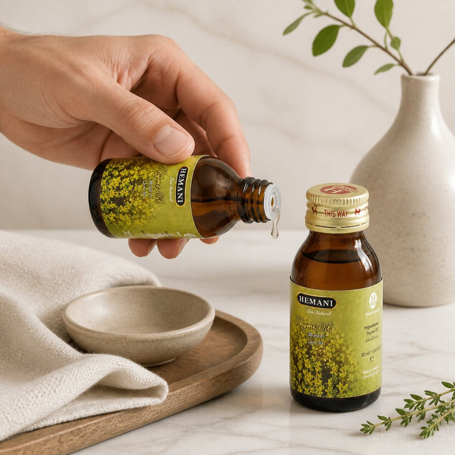 Huile de Thym 30ml Hemani Naturel – application en situation réelle, geste de soin quotidien