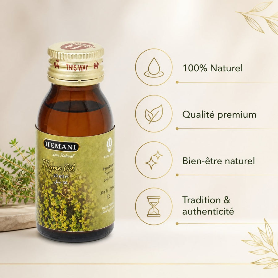Huile de Thym 30ml Hemani Naturel – infographie des bienfaits et des ingrédients clés