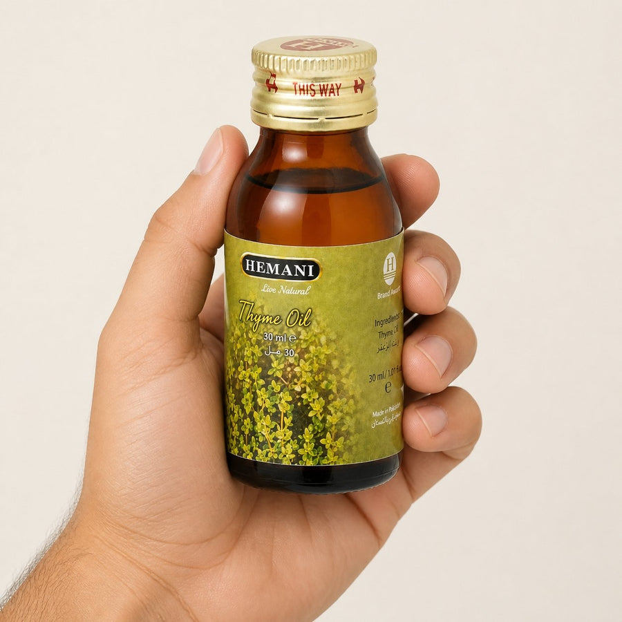 Huile de Thym 30ml Hemani Naturel – taille et contenance réelles du produit en main