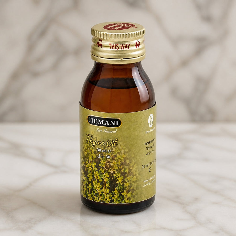 Huile de Thym 30ml Hemani Naturel – gros plan sur les détails et la finition du packaging