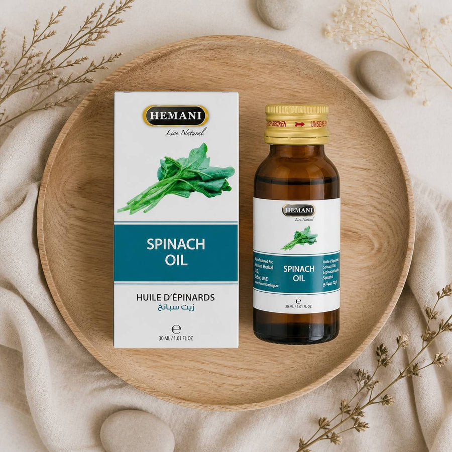 Huile d'Epinards 30mL 100% Naturelle Hemani – composition flat lay avec éléments naturels, vue du dessus