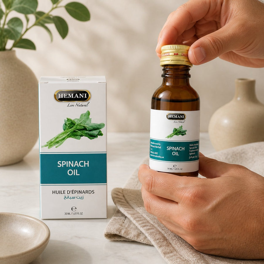 Huile d'Epinards 30mL 100% Naturelle Hemani – application en situation réelle, geste de soin quotidien