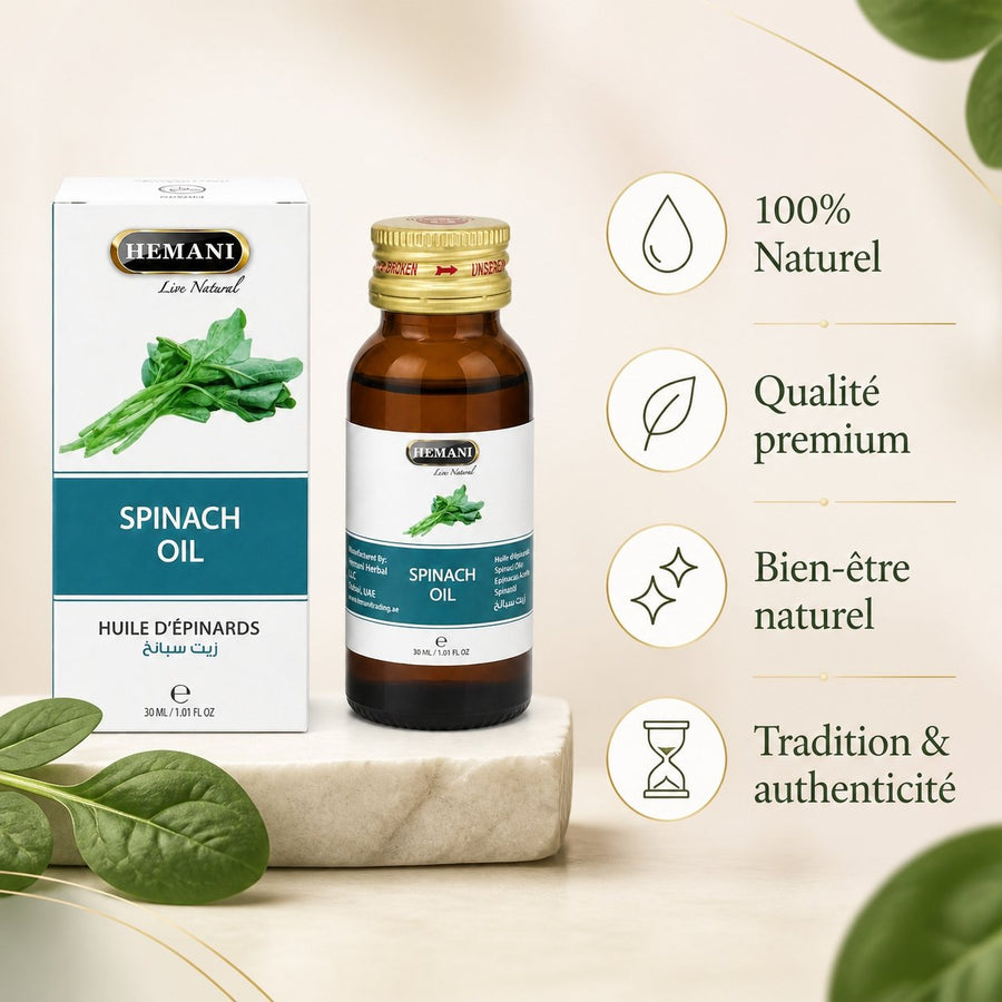 Huile d'Epinards 30mL 100% Naturelle Hemani – infographie des bienfaits et des ingrédients clés