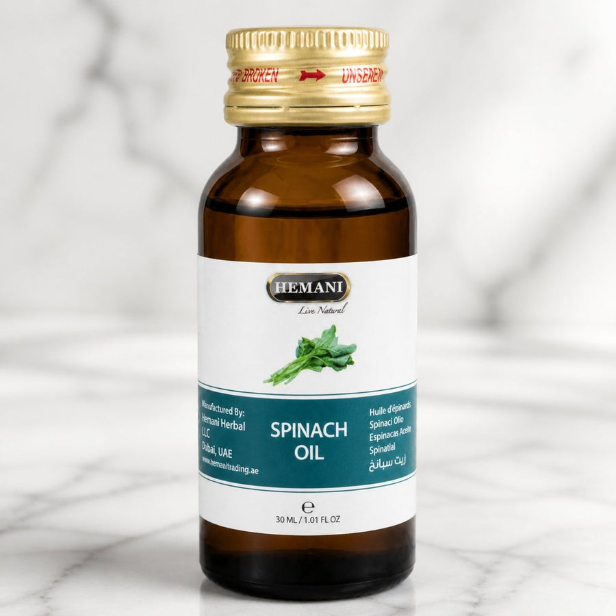 Huile d'Epinards 30mL 100% Naturelle Hemani – gros plan sur les détails et la finition du packaging