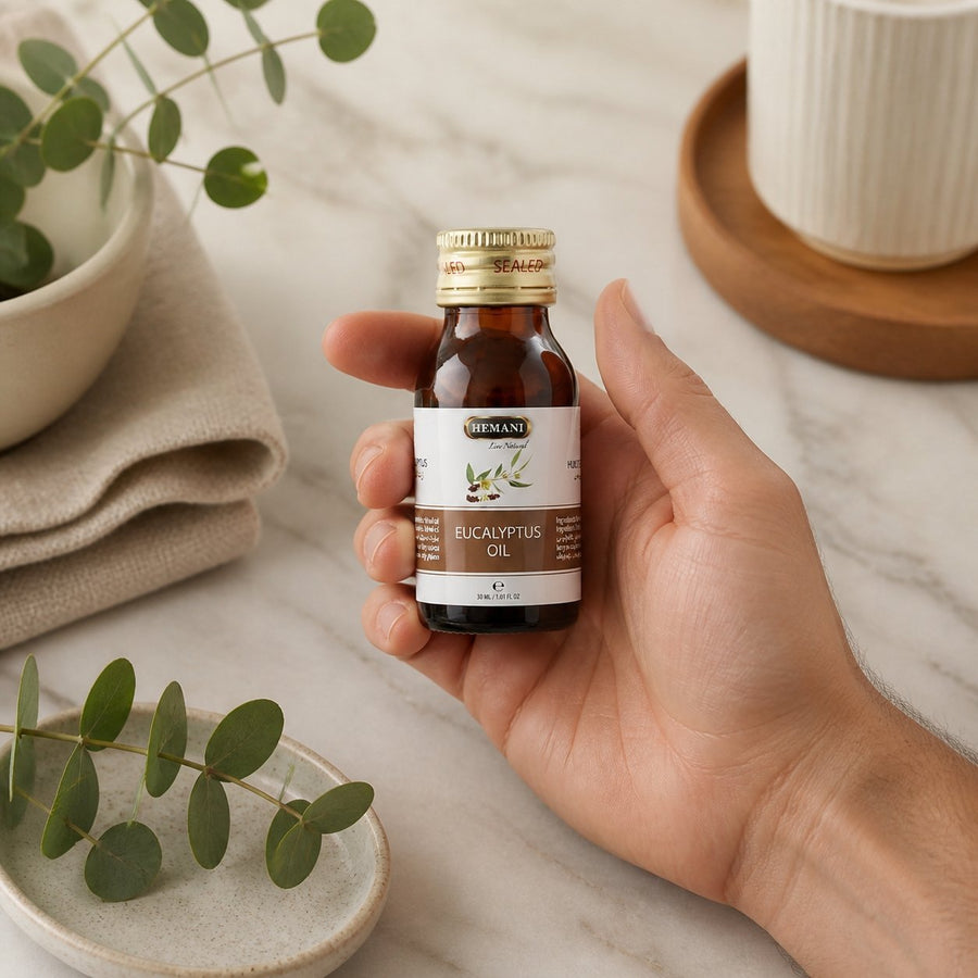 Huile d'eucalyptus 30mL Hemani – application en situation réelle, geste de soin quotidien
