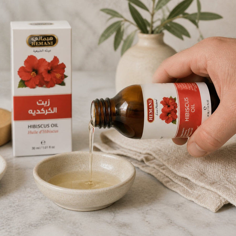 Huile d'Hibiscus 30mL 100% Naturelle Hemani – application en situation réelle, geste de soin quotidien