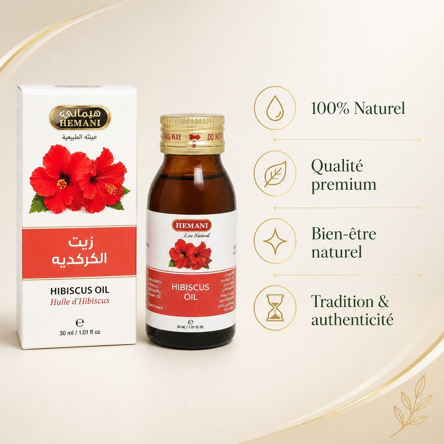 Huile d'Hibiscus 30mL 100% Naturelle Hemani – infographie des bienfaits et des ingrédients clés