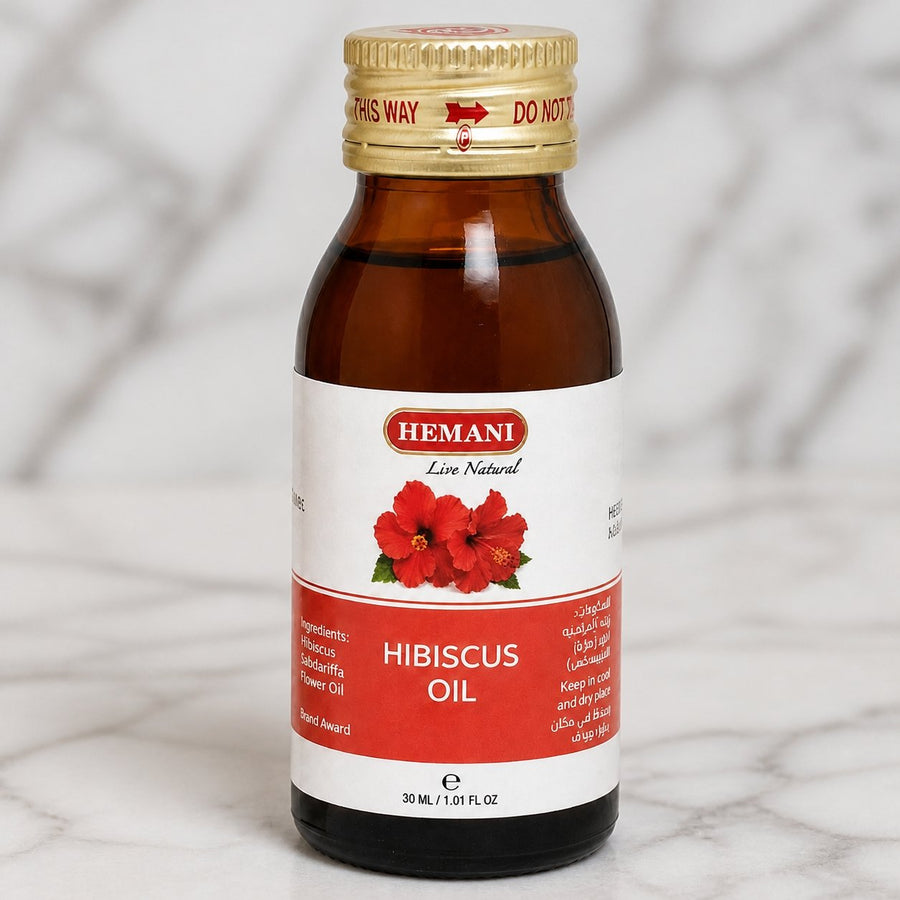 Huile d'Hibiscus 30mL 100% Naturelle Hemani – gros plan sur les détails et la finition du packaging