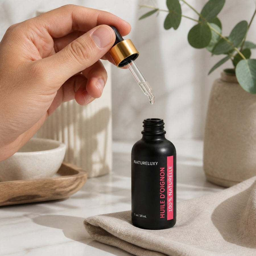 Huile d’Oignon 100% Naturelle 30 ml — Macérat huileux, Soin Cheveux & Cuir Chevelu – application en situation réelle, geste de soin quotidien
