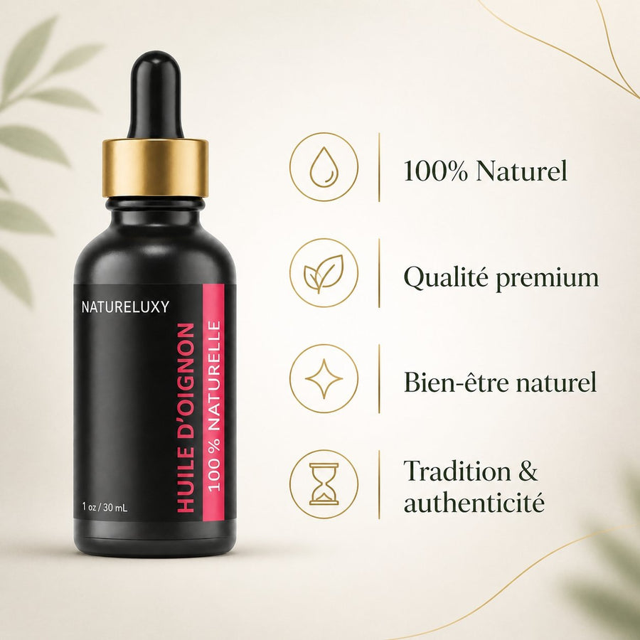 Huile d’Oignon 100% Naturelle 30 ml — Macérat huileux, Soin Cheveux & Cuir Chevelu – infographie des bienfaits et des ingrédients clés