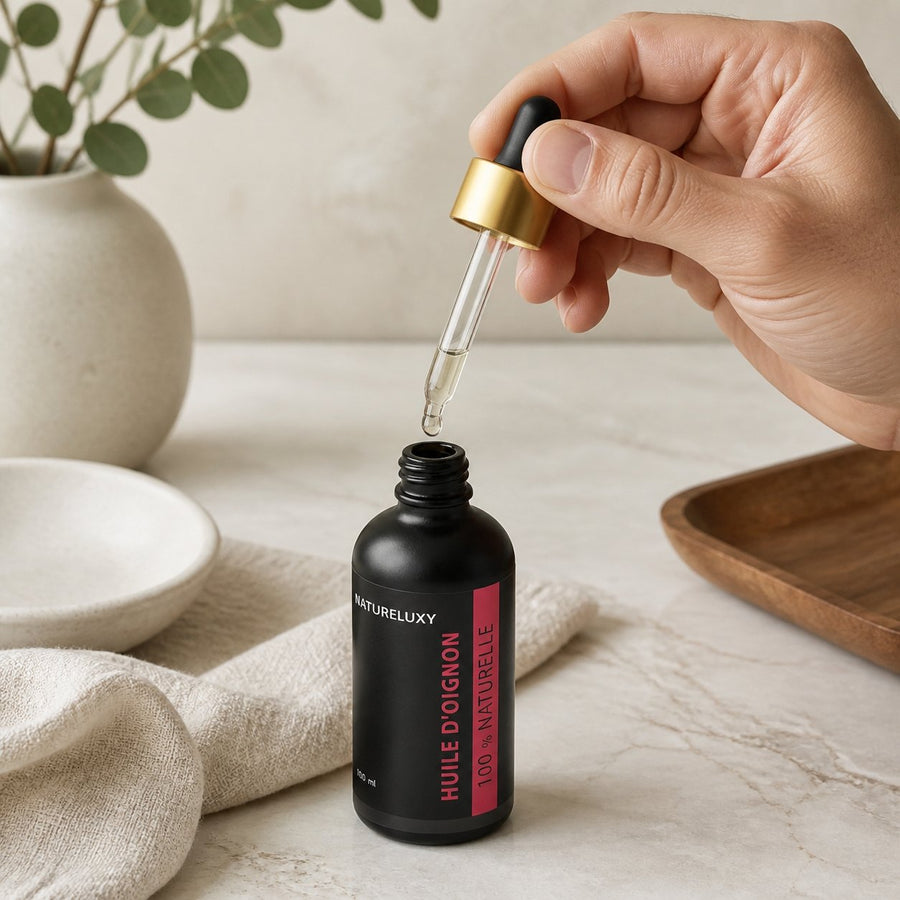 Huile d'oignon 100mL Pipette 100% Naturelle – application en situation réelle, geste de soin quotidien