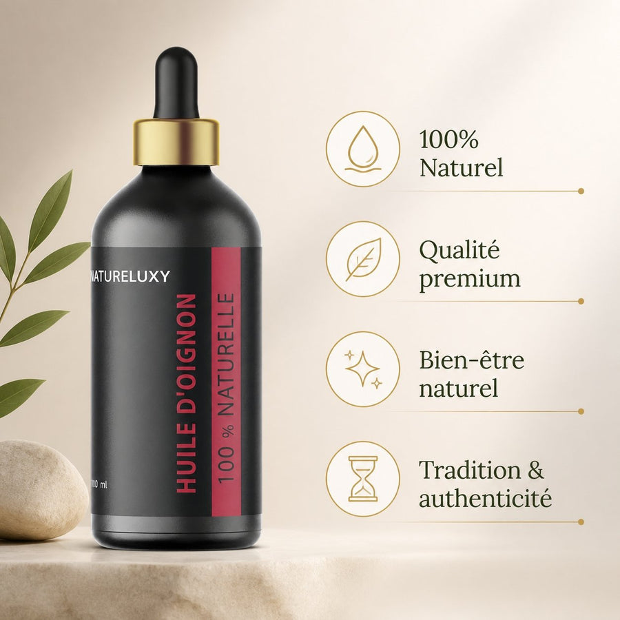 Huile d'oignon 100mL Pipette 100% Naturelle – infographie des bienfaits et des ingrédients clés