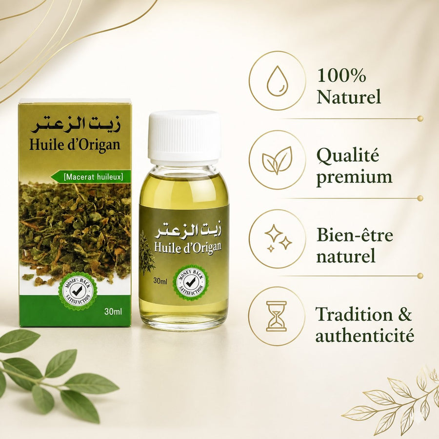 Huile d'Origan 30mL – infographie des bienfaits et des ingrédients clés