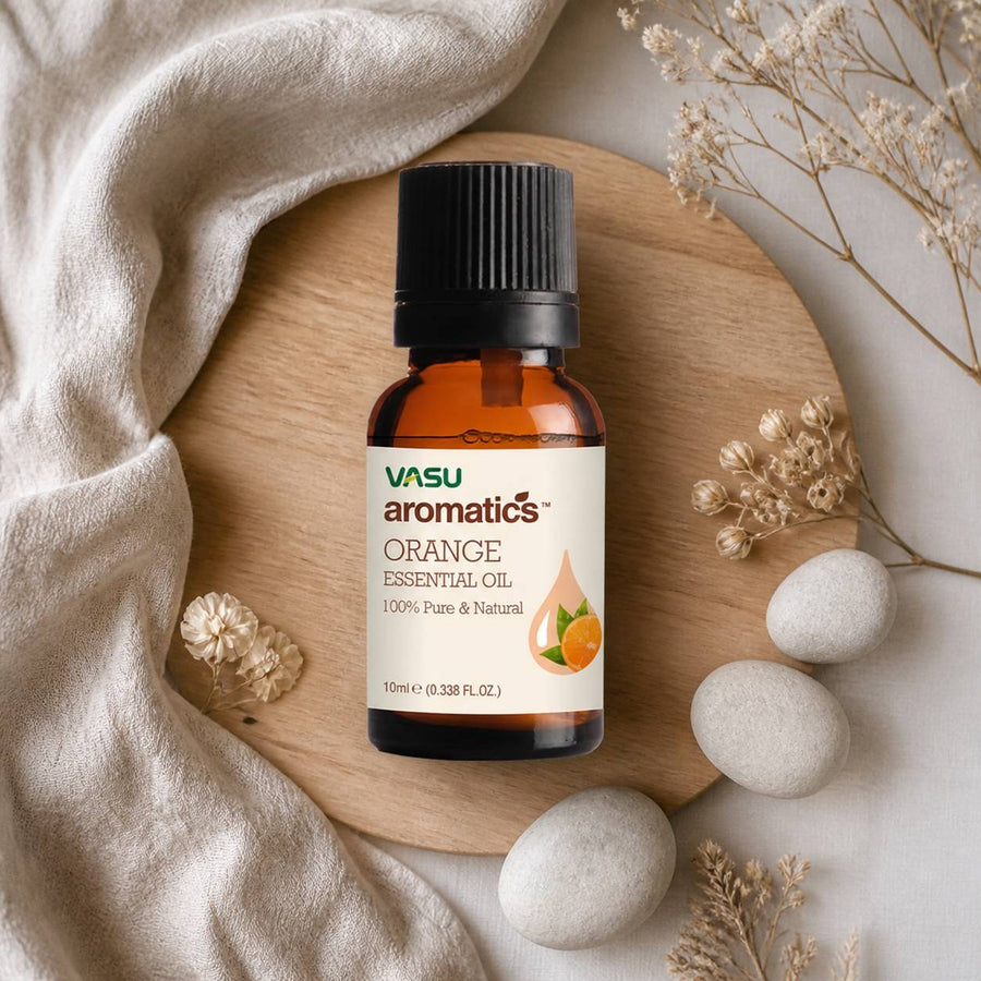 Huile essentiel d'Orange 10mL - Aromatics – composition flat lay avec éléments naturels, vue du dessus