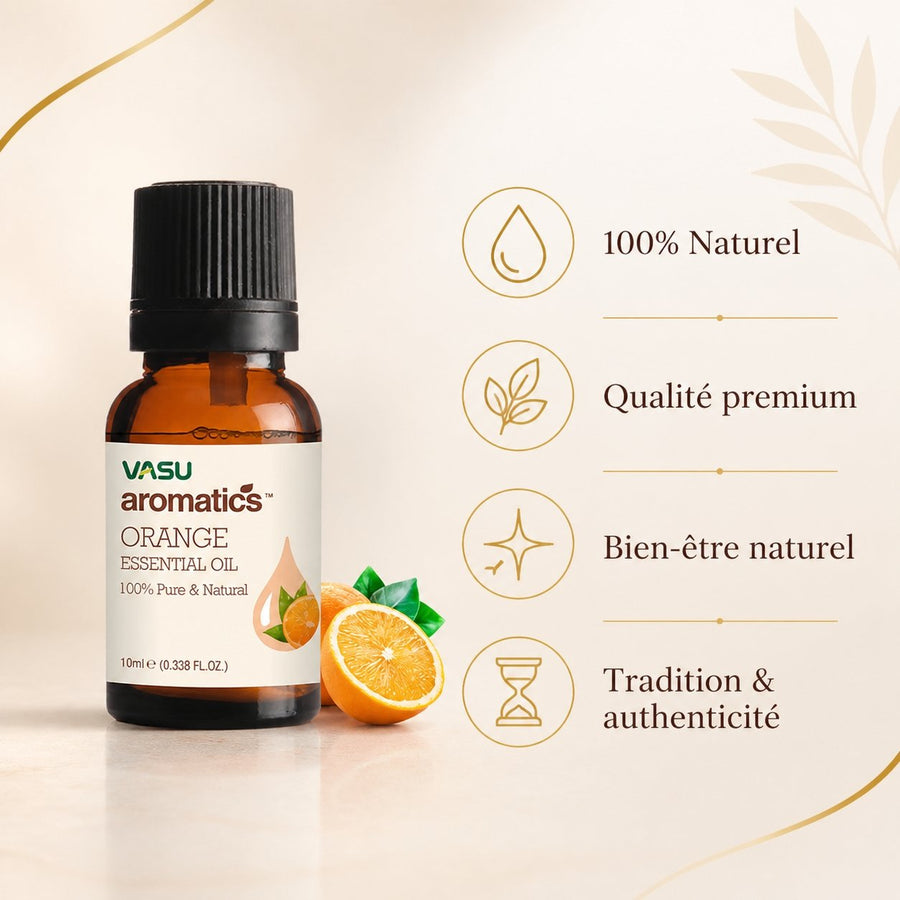 Huile essentiel d'Orange 10mL - Aromatics – infographie des bienfaits et des ingrédients clés