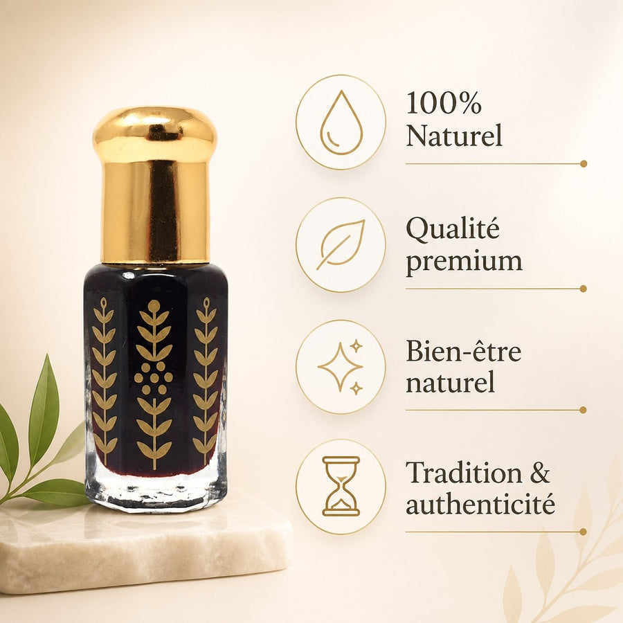 Huile essentielle de Musc Noir Black Musk 3 mL + Applicateur – infographie des bienfaits et des ingrédients clés