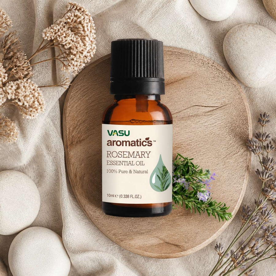 Huile essentielle de Romarin 10mL - Aromatics – composition flat lay avec éléments naturels, vue du dessus