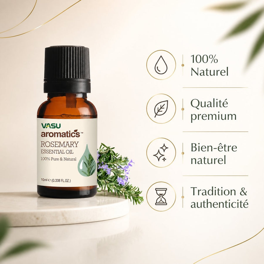 Huile essentielle de Romarin 10mL - Aromatics – infographie des bienfaits et des ingrédients clés