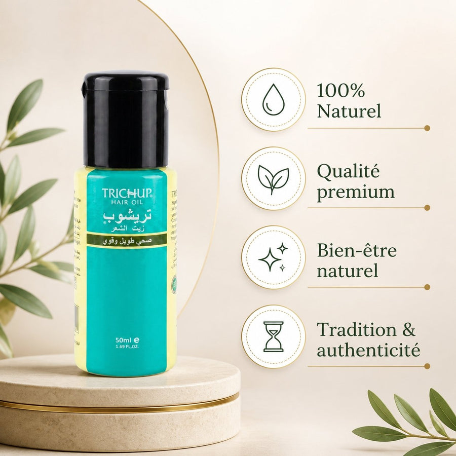 Huile pour Pousser les Cheveux Rapidement - Trichup Indienne 50ml – infographie des bienfaits et des ingrédients clés