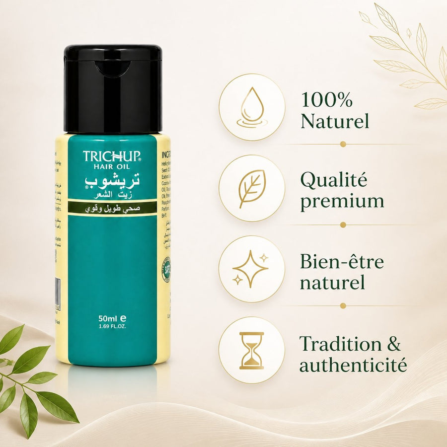 2 Huile Favorise la Pousse des Cheveux Soin Indien Trichup 50mL – infographie des bienfaits et des ingrédients clés