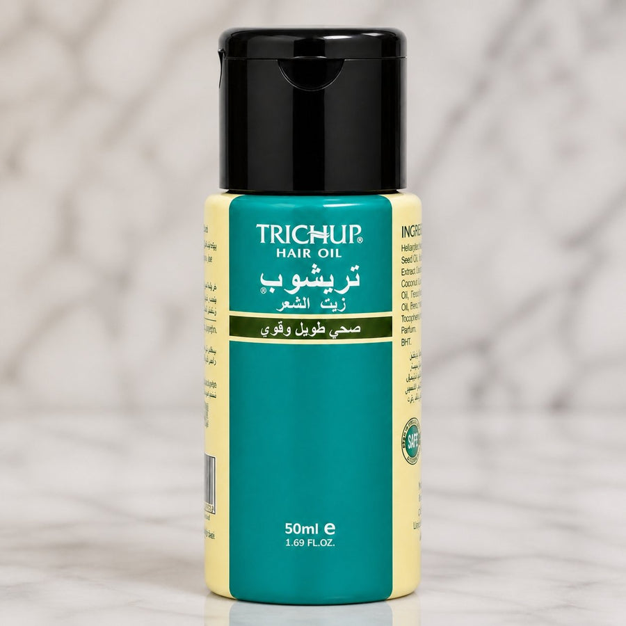 2 Huile Favorise la Pousse des Cheveux Soin Indien Trichup 50mL – gros plan sur les détails et la finition du packaging